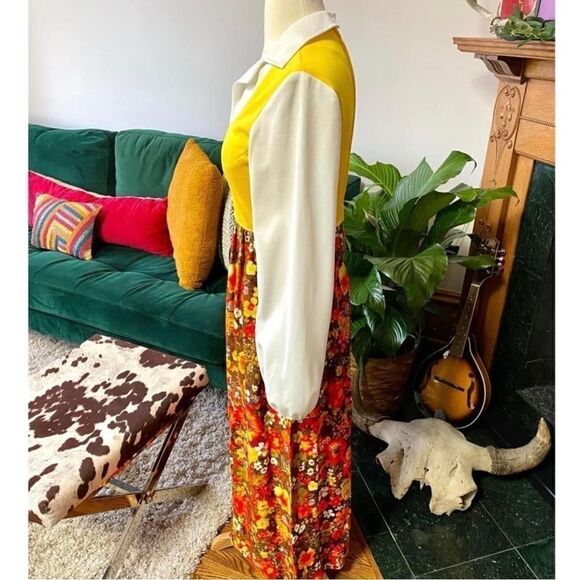 Beyond Babely Vintage 60s 70s DAY GLO Neon Velvet Floral Twofer Style Maxi Dress - Picture 4 of 12